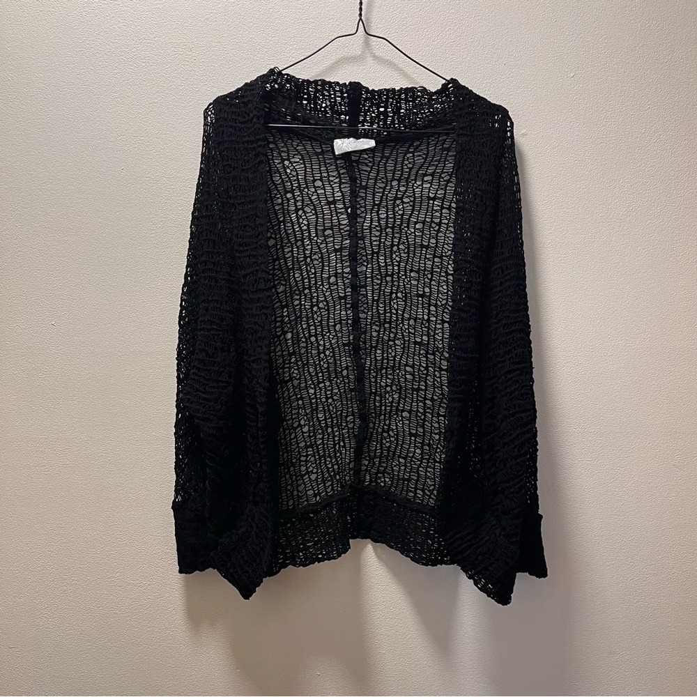 J Valdi Unique Boho Witchy Vibe Urban Chic Stretch Crochet Open Cardigan, Black